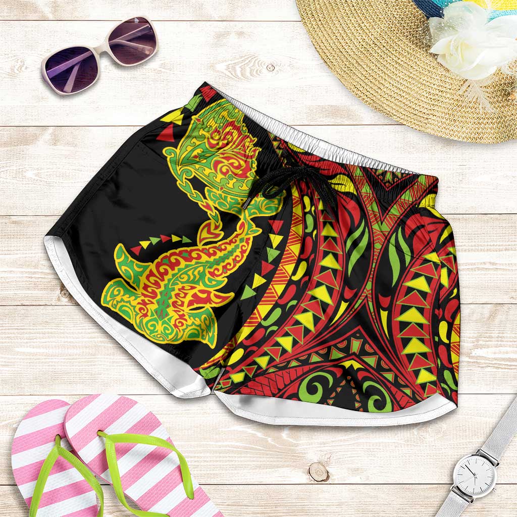 Hawaiian Manta Ray and Hammerhead Shark Tribal Tattoo Shorts for Women with Polynesian Tribal Pattern Kanaka Maoli Flag Color