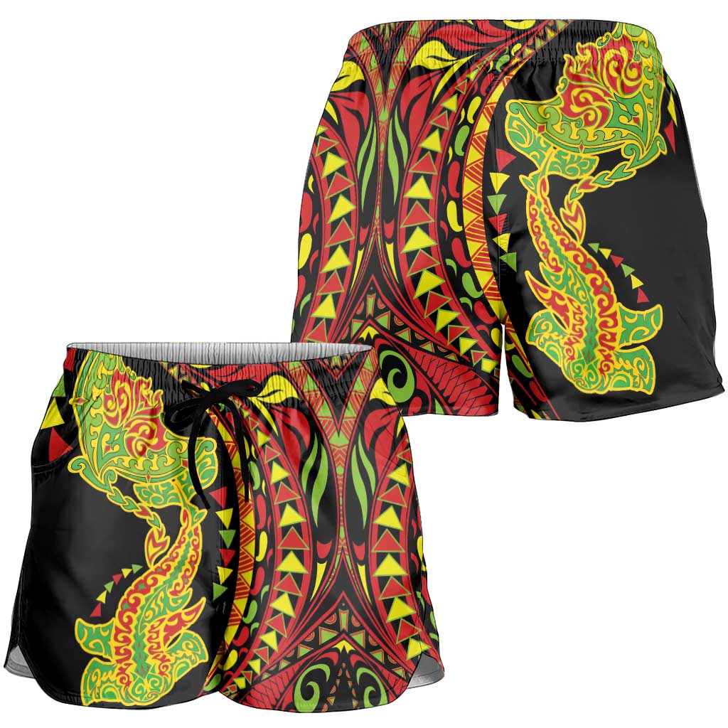 Hawaiian Manta Ray and Hammerhead Shark Tribal Tattoo Shorts for Women with Polynesian Tribal Pattern Kanaka Maoli Flag Color