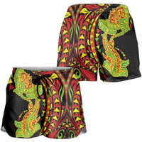Hawaiian Manta Ray and Hammerhead Shark Tribal Tattoo Shorts for Women with Polynesian Tribal Pattern Kanaka Maoli Flag Color