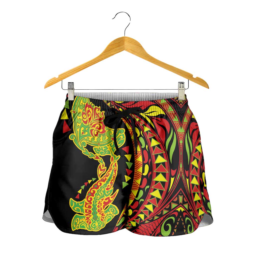 Hawaiian Manta Ray and Hammerhead Shark Tribal Tattoo Shorts for Women with Polynesian Tribal Pattern Kanaka Maoli Flag Color