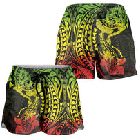 Hawaiian Manta Ray and Hammerhead Shark Tribal Tattoo Shorts for Women with Polynesian Tribal Pattern Reggae Style