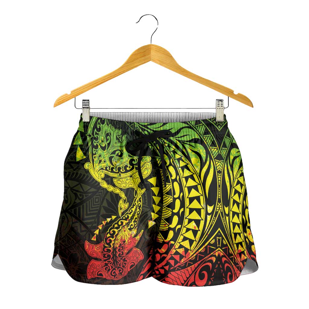 Hawaiian Manta Ray and Hammerhead Shark Tribal Tattoo Shorts for Women with Polynesian Tribal Pattern Reggae Style
