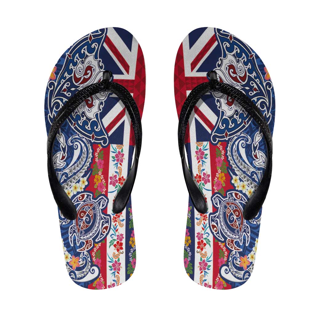 Hawaiian Manta Ray and Turtle Tribal Tattoo Flip Flops with Hawaii Flag and Flowers