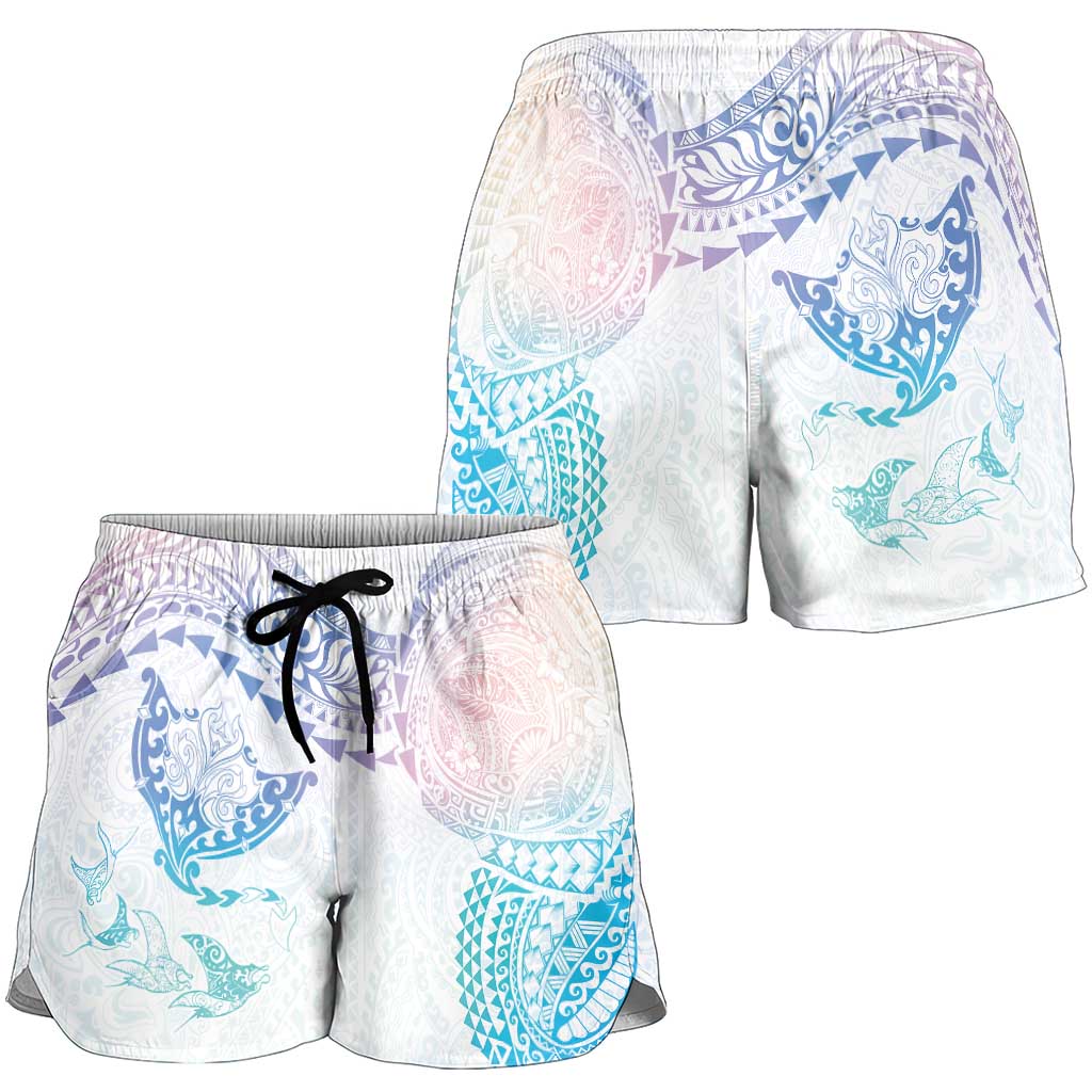 Hawaiian Manta Ray Tribal Shorts for Women Polynesian Art Motifs Sweet Pastel