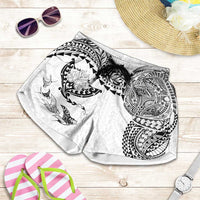 Hawaiian Manta Ray Tribal Shorts for Women Polynesian Art Motifs White Color