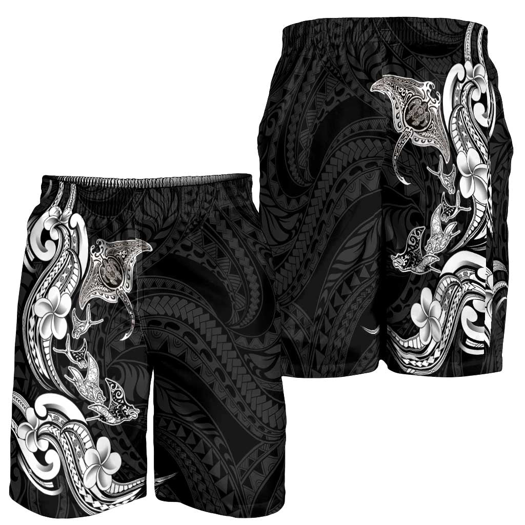 Hawaiian Manta Rays Shorts for Men Tribal Hibiscus Polynesian Tattoos Black Color - Polynesian Pride