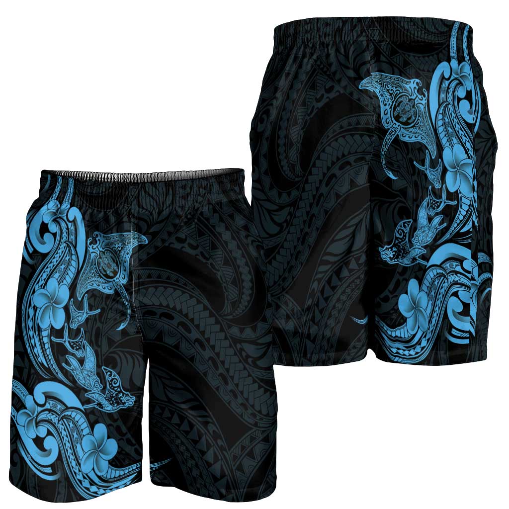 Hawaiian Manta Rays Shorts for Men Tribal Hibiscus Polynesian Tattoos Blue Color - Polynesian Pride