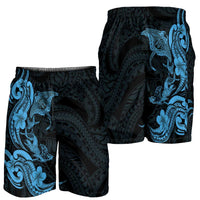 Hawaiian Manta Rays Shorts for Men Tribal Hibiscus Polynesian Tattoos Blue Color - Polynesian Pride