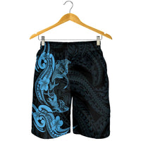 Hawaiian Manta Rays Shorts for Men Tribal Hibiscus Polynesian Tattoos Blue Color - Polynesian Pride