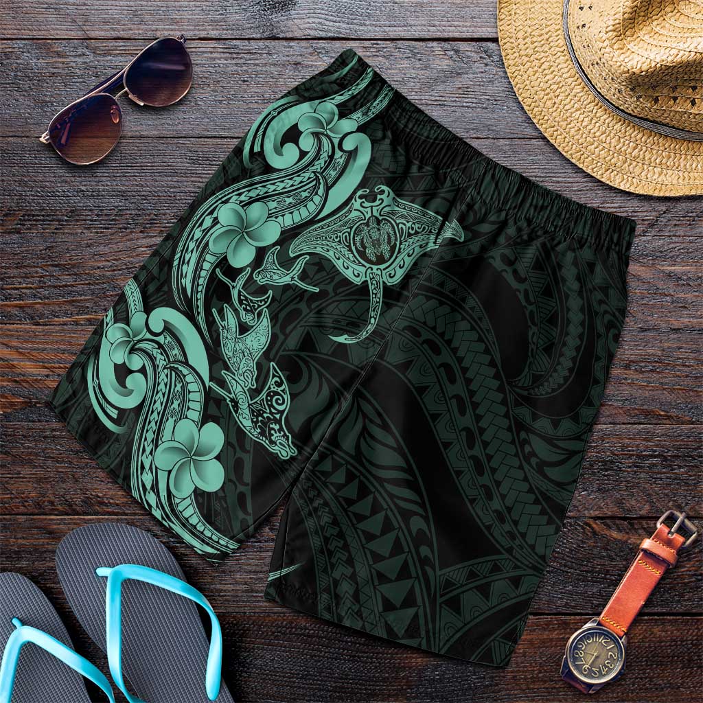 Hawaiian Manta Rays Shorts for Men Tribal Hibiscus Polynesian Tattoos Turquoise Color - Polynesian Pride