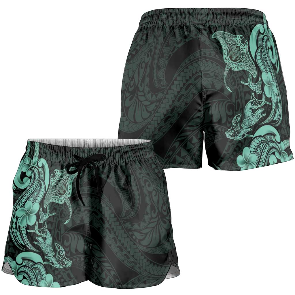 Hawaiian Manta Rays Shorts for Women Tribal Hibiscus Polynesian Tattoos Turquoise Color - Polynesian Pride
