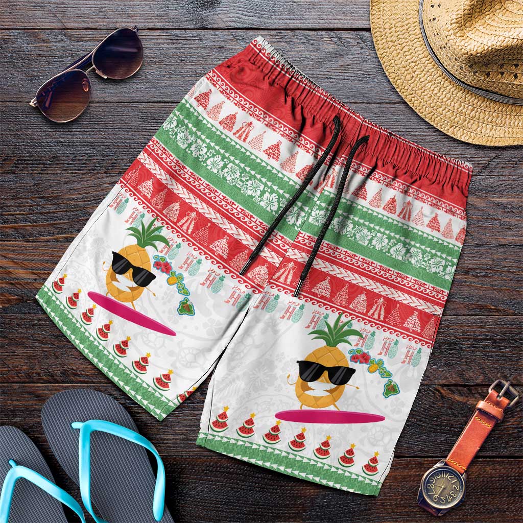 Hawaiian Mele Kalikimaka Shorts for Men Funny Pineapple Surfing with Map Christmas Stripe Elements LT03 Multicolor - Polynesian Pride