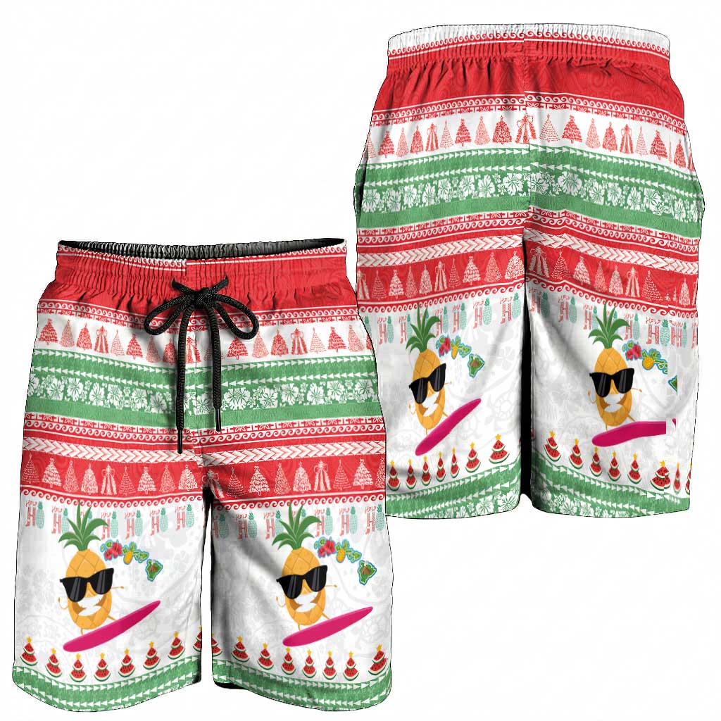 Hawaiian Mele Kalikimaka Shorts for Men Funny Pineapple Surfing with Map Christmas Stripe Elements LT03 - Polynesian Pride