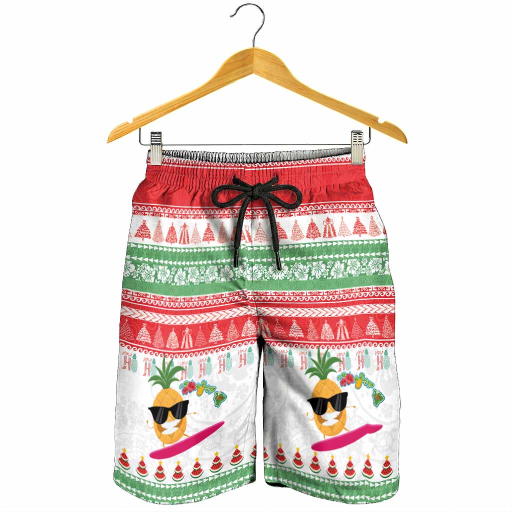 Hawaiian Mele Kalikimaka Shorts for Men Funny Pineapple Surfing with Map Christmas Stripe Elements LT03 - Polynesian Pride