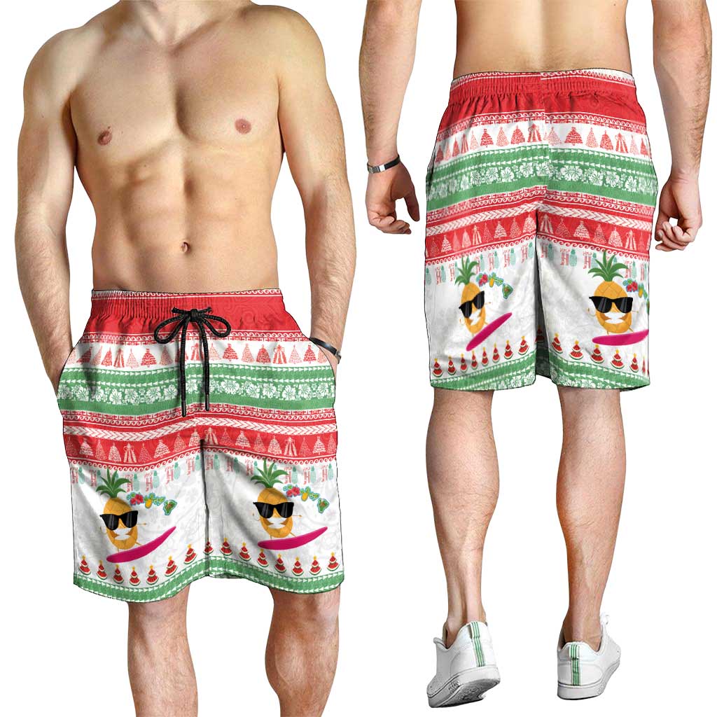 Hawaiian Mele Kalikimaka Shorts for Men Funny Pineapple Surfing with Map Christmas Stripe Elements LT03 - Polynesian Pride