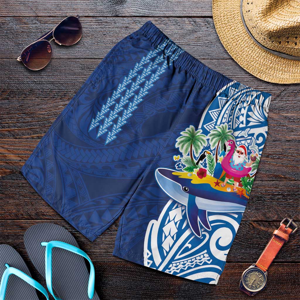 Hawaiian Mele Kalikimaka Shorts for Men Funny Santa on Whale Island with Kakau Tattoos - Polynesian Pride