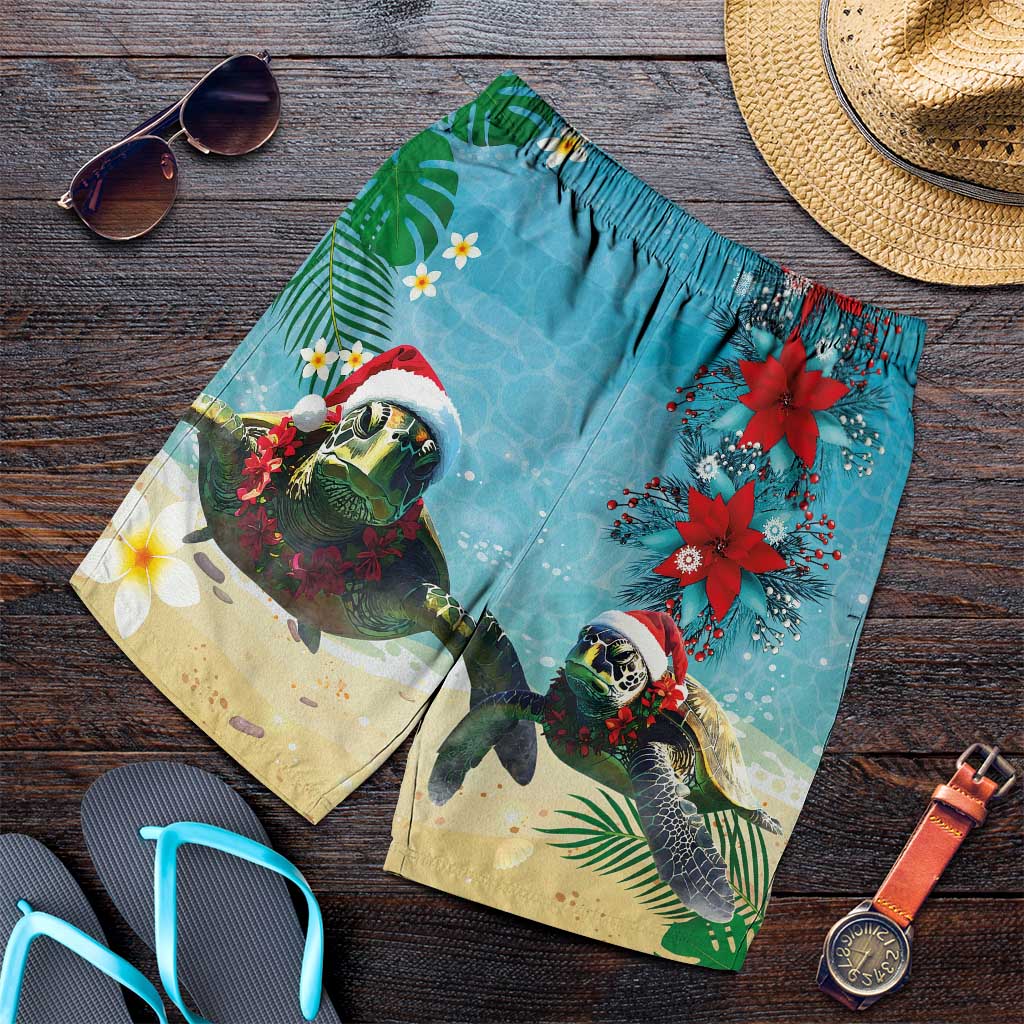 Hawaiian Mele Kalikimaka Shorts for Men Xmas Turtles and Tropical Plants with Red Poinsettia Watercolor Style - Polynesian Pride