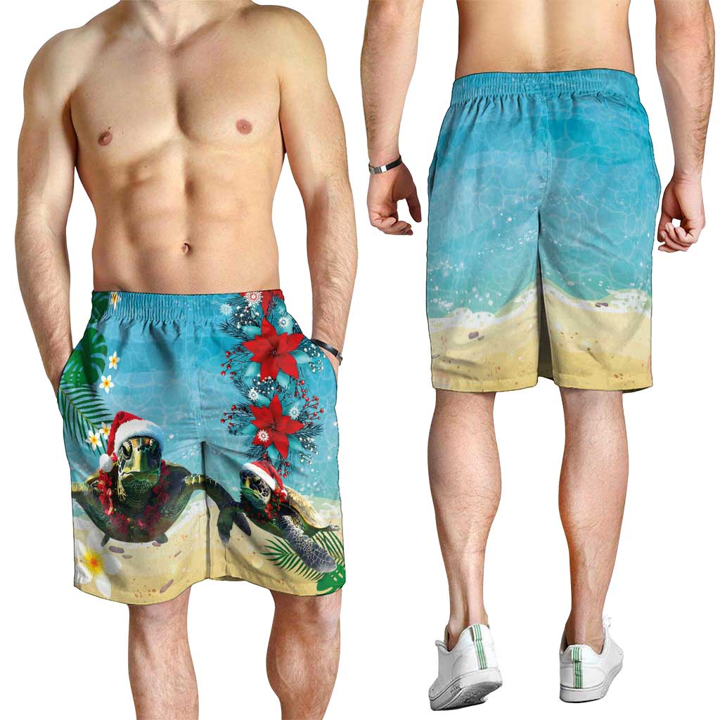 Hawaiian Mele Kalikimaka Shorts for Men Xmas Turtles and Tropical Plants with Red Poinsettia Watercolor Style - Polynesian Pride