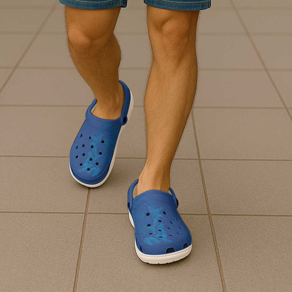 Hawaiian Monk Seal and Whale Clogs Shoes Kakau Tribal Pattern Blue Color LT03 - Polynesian Pride