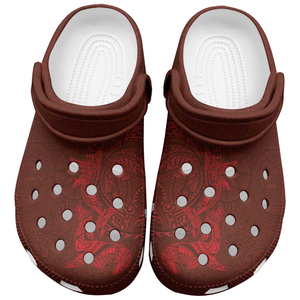 Hawaiian Monk Seal and Whale Clogs Shoes Kakau Tribal Pattern Red Color