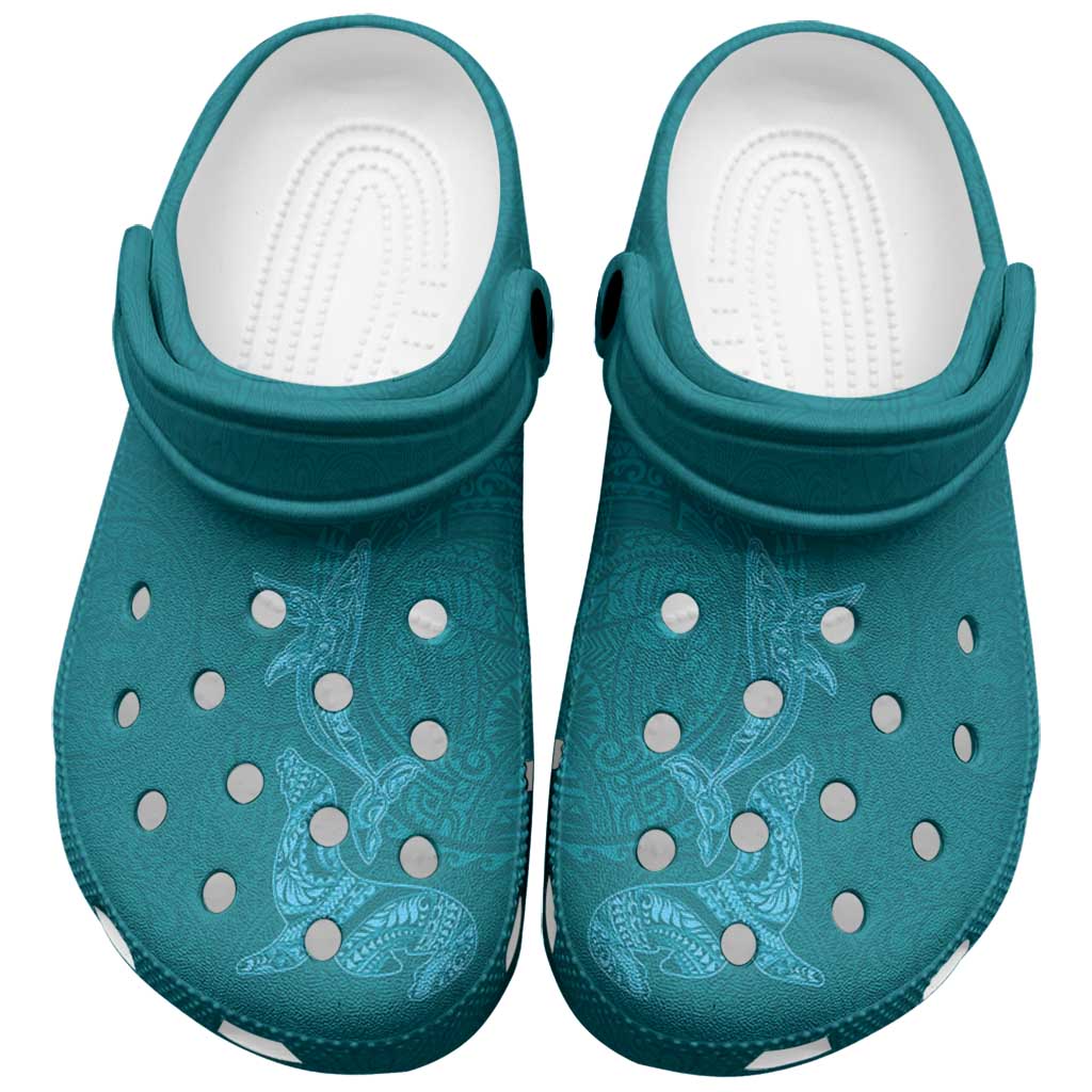 Hawaiian Monk Seal and Whale Clogs Shoes Kakau Tribal Pattern Teal Color