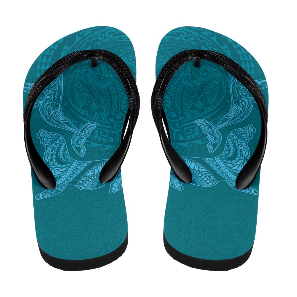 Hawaiian Monk Seal and Whale Flip Flops Kakau Tribal Pattern Teal Color