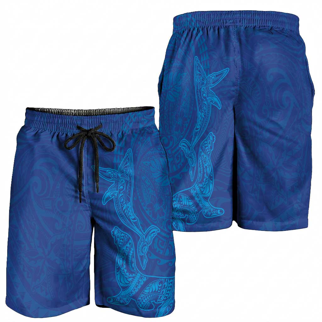 Hawaiian Monk Seal and Whale Shorts for Men Kakau Tribal Pattern Blue Color