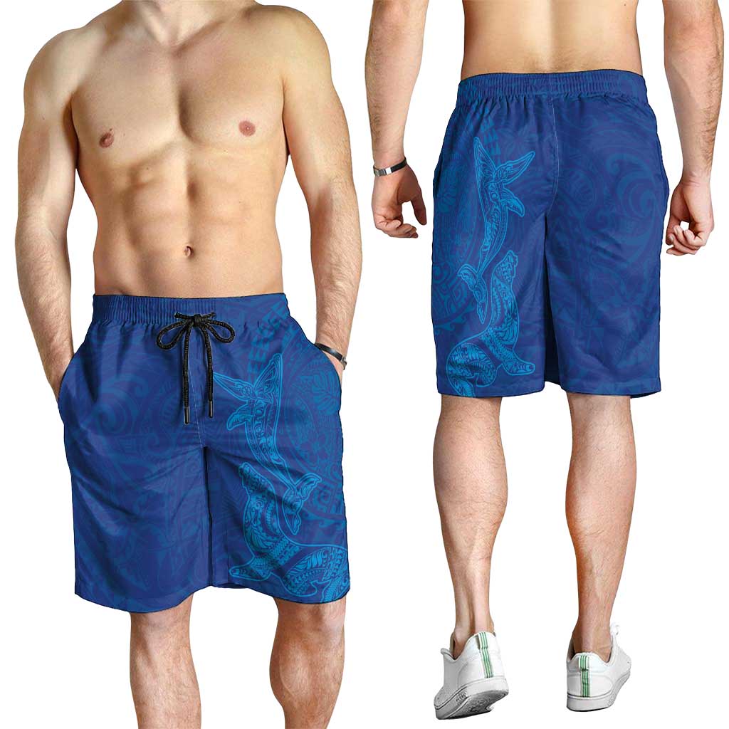 Hawaiian Monk Seal and Whale Shorts for Men Kakau Tribal Pattern Blue Color