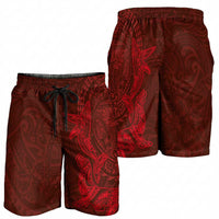 Hawaiian Monk Seal and Whale Shorts for Men Kakau Tribal Pattern Red Color