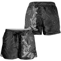 Hawaiian Monk Seal and Whale Shorts for Women Kakau Tribal Pattern Grayscale