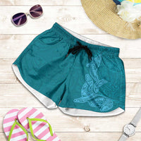 Hawaiian Monk Seal and Whale Shorts for Women Kakau Tribal Pattern Teal Color LT03 Teal - Polynesian Pride
