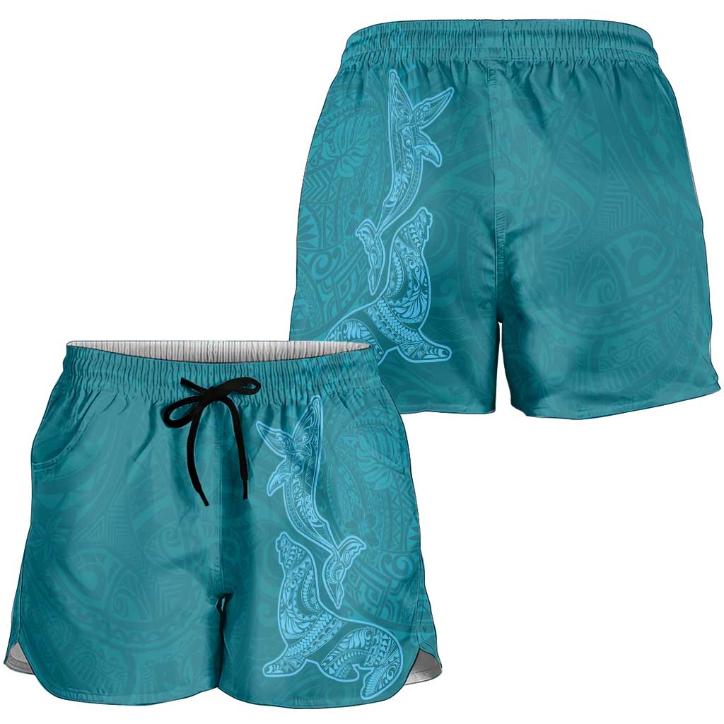 Hawaiian Monk Seal and Whale Shorts for Women Kakau Tribal Pattern Teal Color LT03 - Polynesian Pride