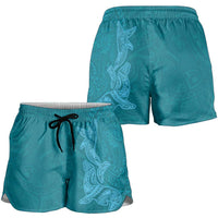 Hawaiian Monk Seal and Whale Shorts for Women Kakau Tribal Pattern Teal Color LT03 - Polynesian Pride