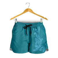 Hawaiian Monk Seal and Whale Shorts for Women Kakau Tribal Pattern Teal Color LT03 - Polynesian Pride