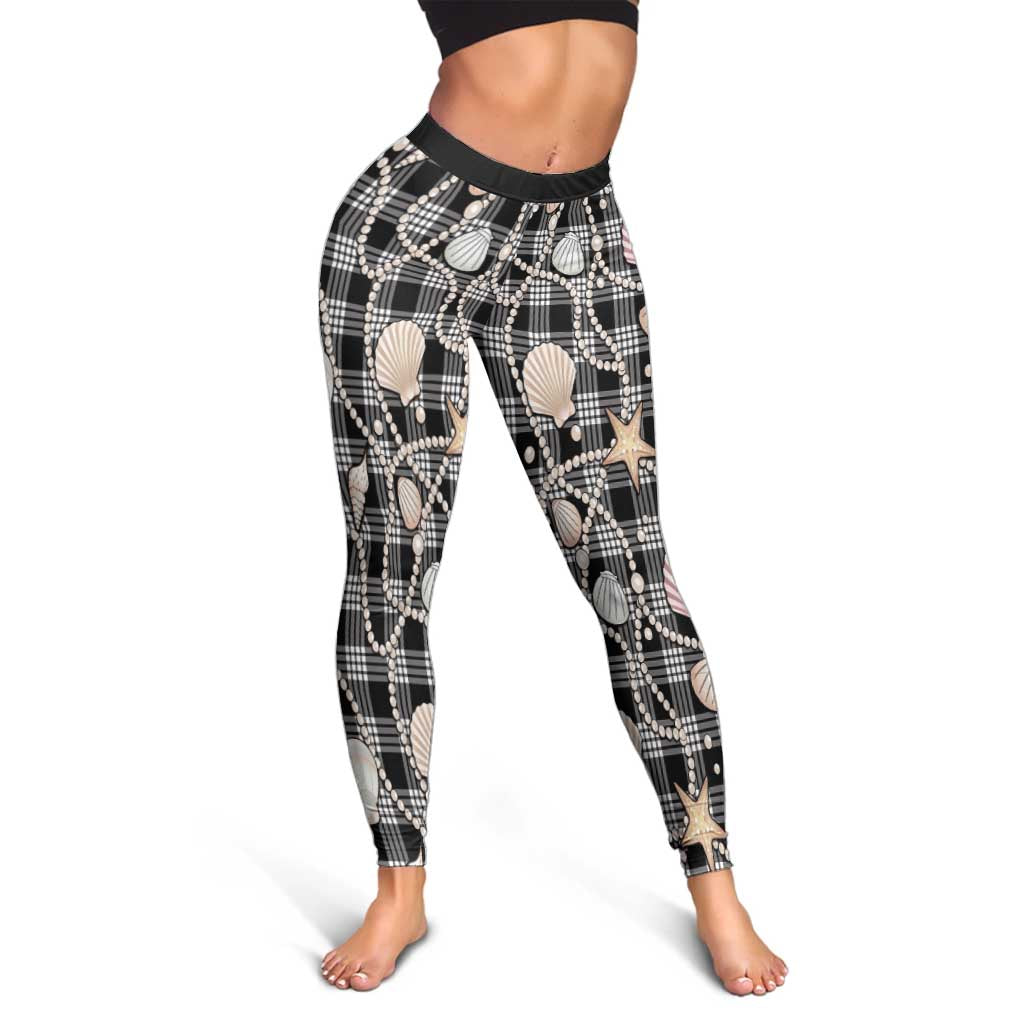 Hawaiian Ocean Seashells Leggings Black Palaka Pattern