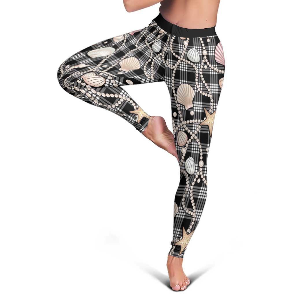 Hawaiian Ocean Seashells Leggings Black Palaka Pattern