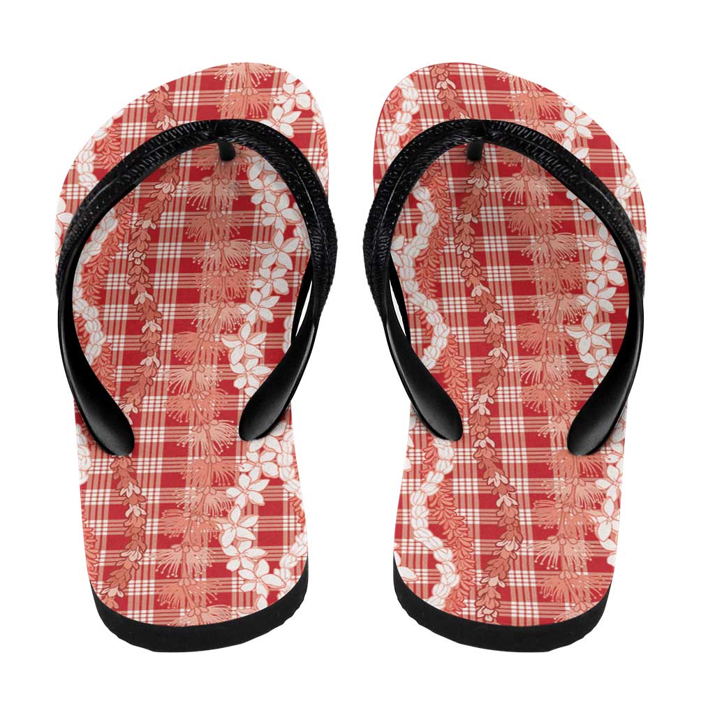 Hawaiian Ohia Lehua Lei Flip Flops Plaid Palaka Ulaula Pattern - Polynesian Pride