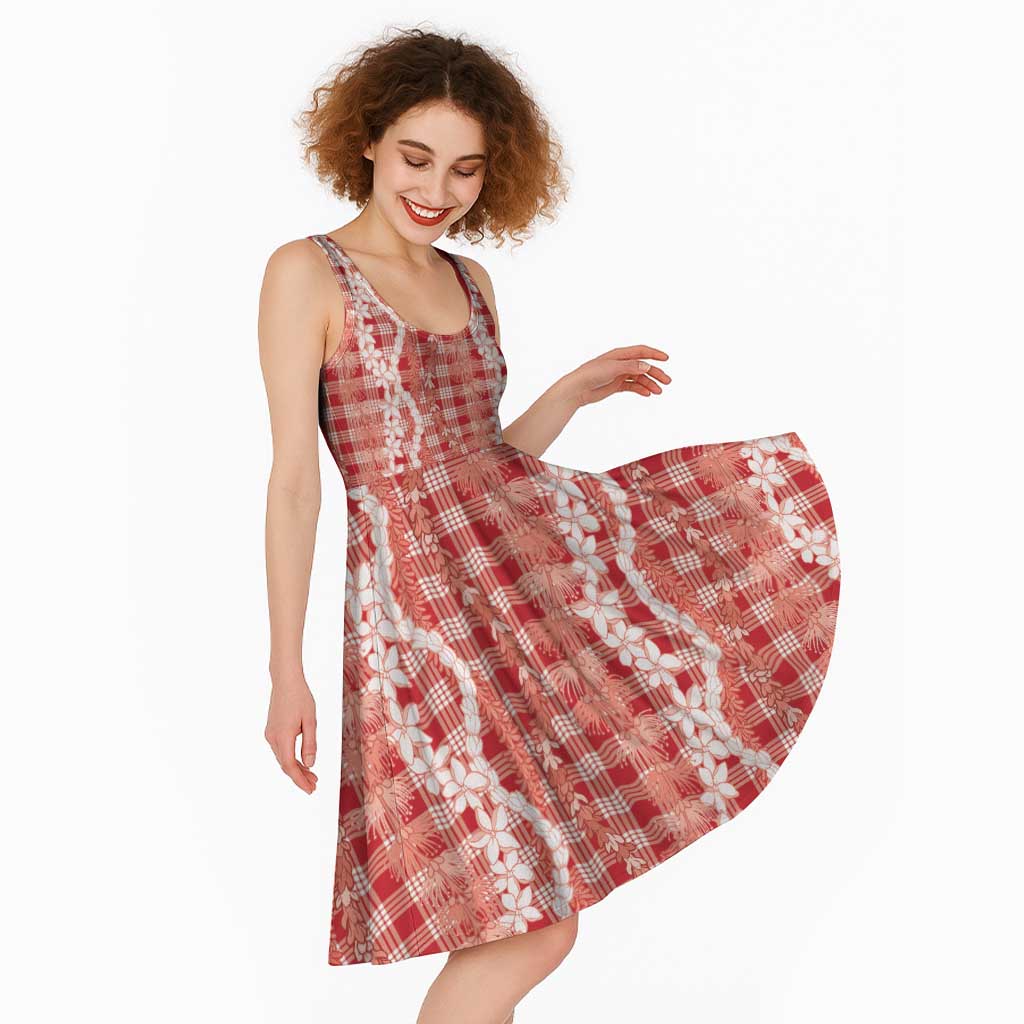 Hawaiian Ohia Lehua Lei Midi Dress Plaid Palaka Ulaula Pattern - Polynesian Pride