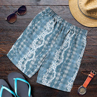 Hawaiian Ohia Lehua Lei Shorts for Men Plaid Palaka Uliuli Omaomao Pattern LT9 Teal - Polynesian Pride