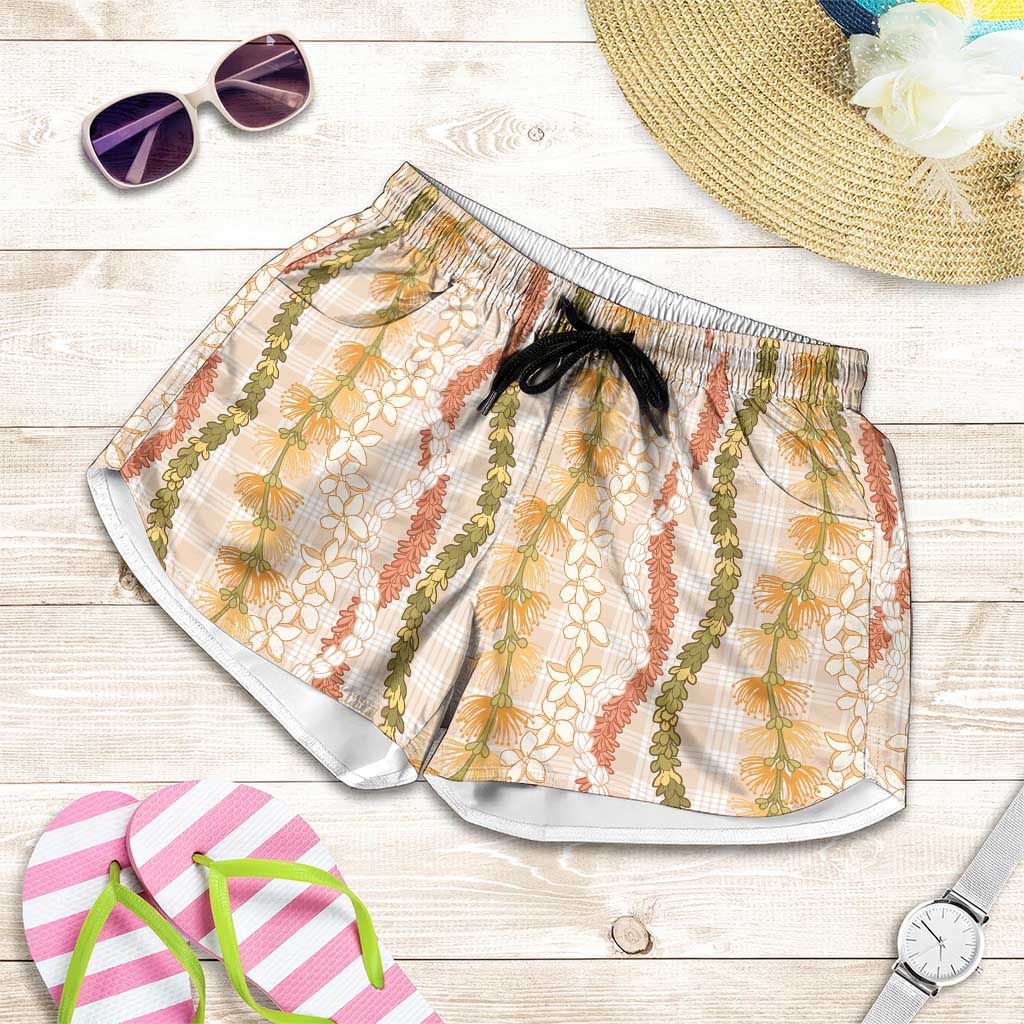 Hawaiian Ohia Lehua Lei Shorts for Women Plaid Palaka Ahiehie Pattern - Polynesian Pride