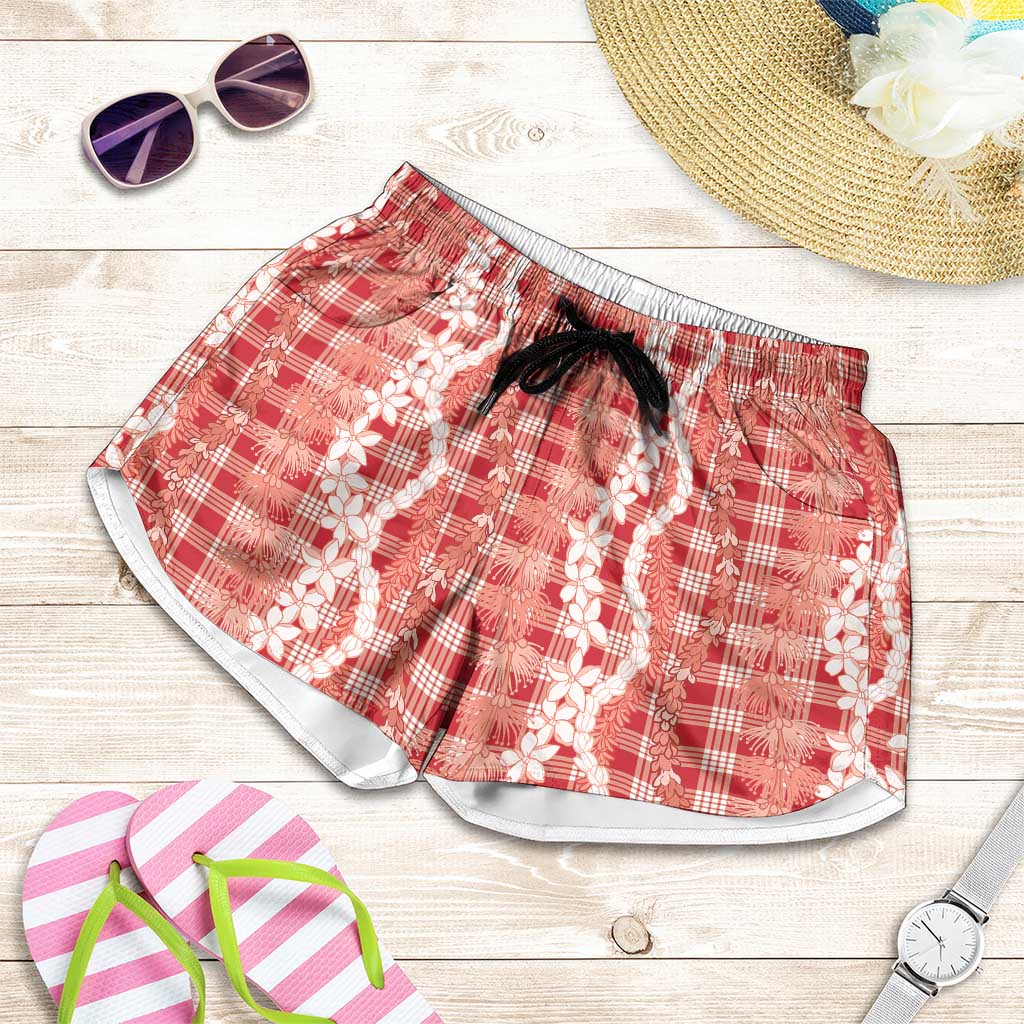 Hawaiian Ohia Lehua Lei Shorts for Women Plaid Palaka Ulaula Pattern LT9 Red - Polynesian Pride