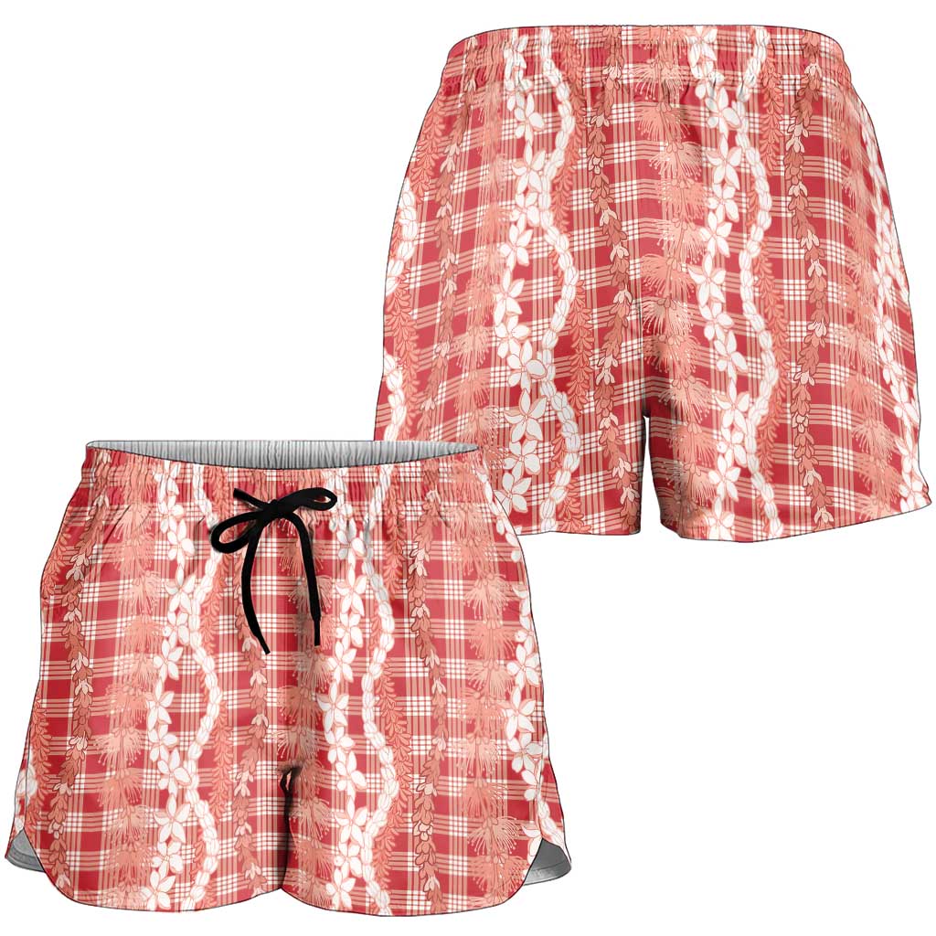 Hawaiian Ohia Lehua Lei Shorts for Women Plaid Palaka Ulaula Pattern LT9 - Polynesian Pride