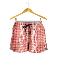 Hawaiian Ohia Lehua Lei Shorts for Women Plaid Palaka Ulaula Pattern LT9 - Polynesian Pride