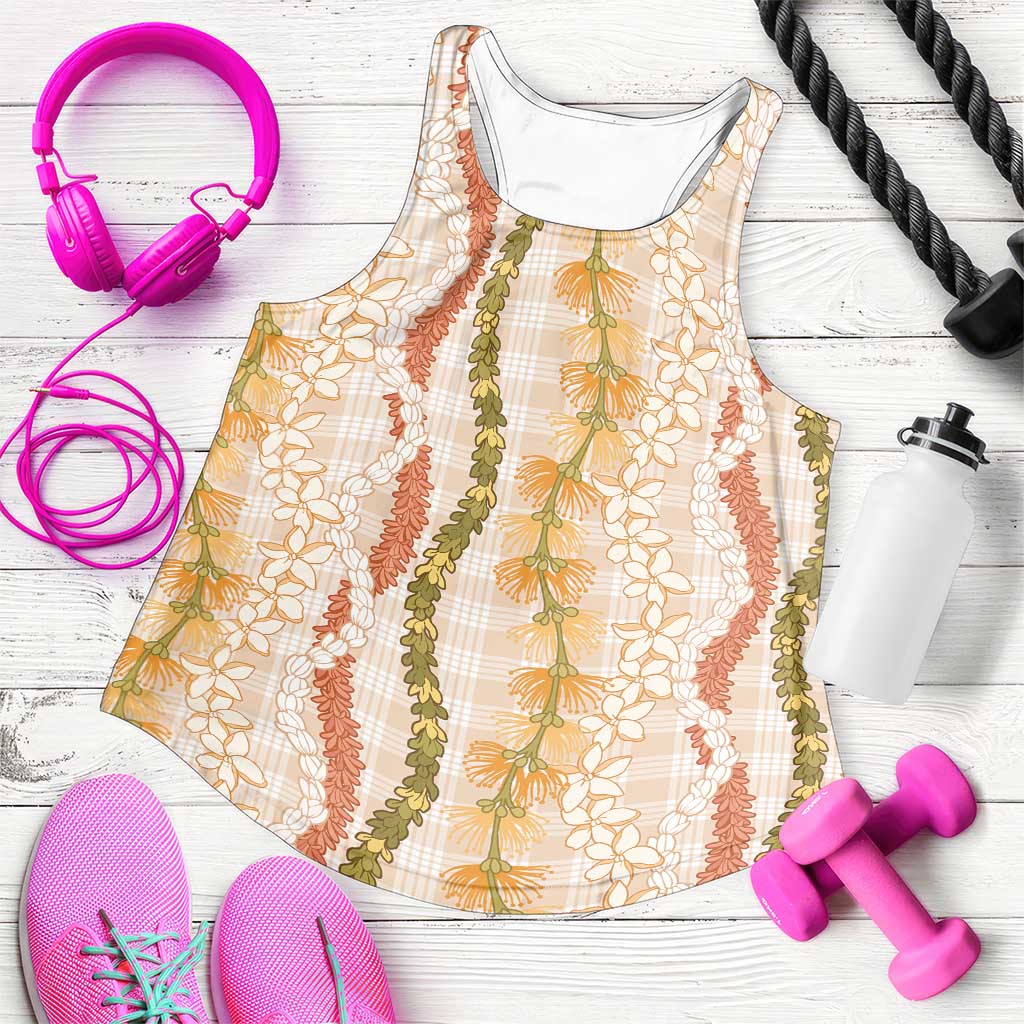 Hawaiian Ohia Lehua Lei Women Racerback Tank Plaid Palaka Ahiehie Pattern - Polynesian Pride