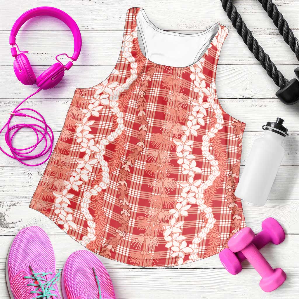 Hawaiian Ohia Lehua Lei Women Racerback Tank Plaid Palaka Ulaula Pattern - Polynesian Pride