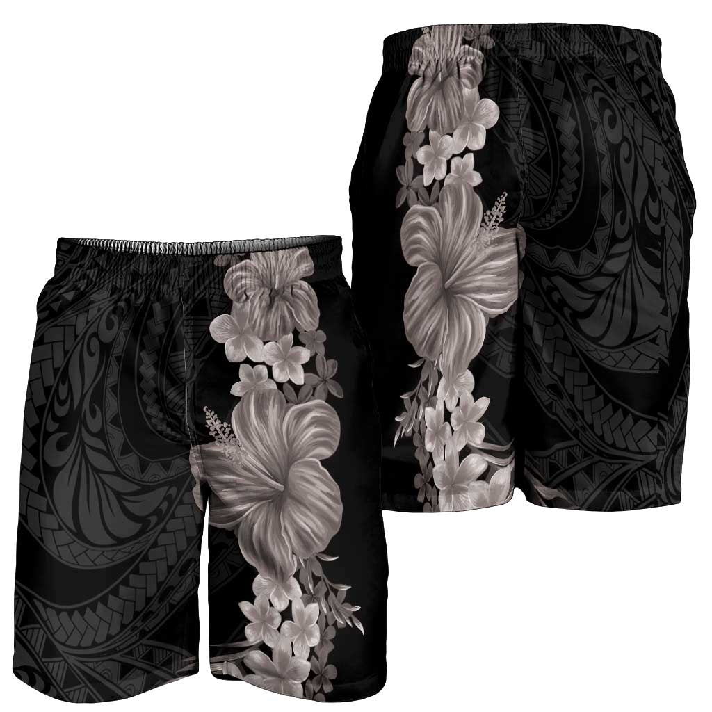 Hawaiian Plumeria and Hibiscus Shorts for Men Grayscale Mode - Polynesian Pride