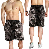 Hawaiian Plumeria and Hibiscus with Turtles Shorts for Men Polynesian Art Grayscale - Polynesian Pride