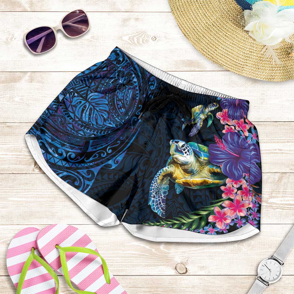 Hawaiian Plumeria and Hibiscus with Turtles Shorts for Women Polynesian Art Dark Cyan Color - Polynesian Pride