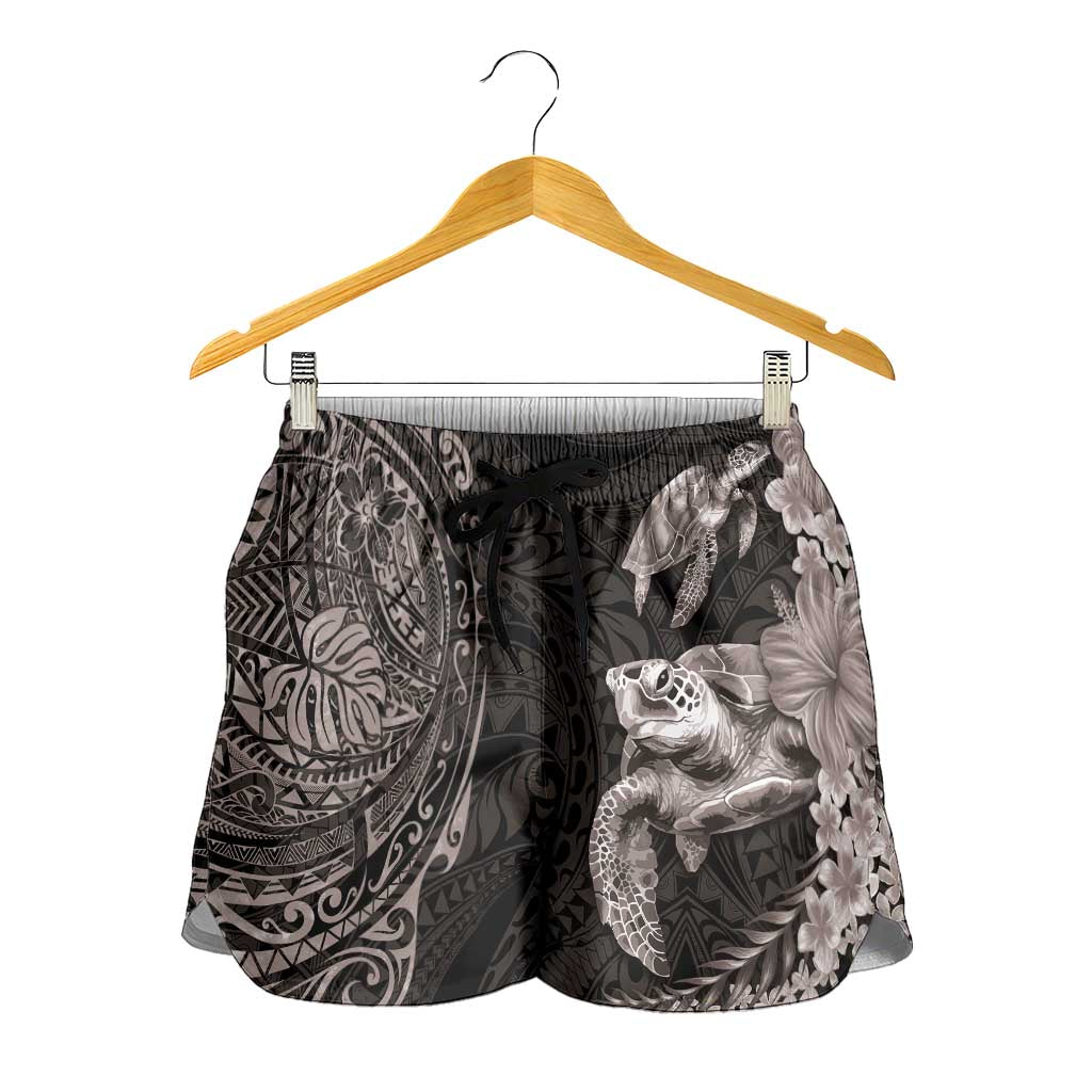 Hawaiian Plumeria and Hibiscus with Turtles Shorts for Women Polynesian Art Grayscale - Polynesian Pride