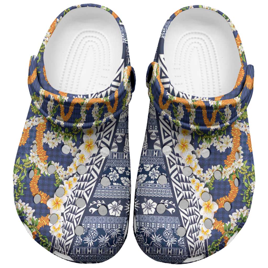 Hawaiian Plumeria Lei Clogs Shoes Kakau Motifs and Palaka Half Style Blue Color LT03 Blue - Polynesian Pride